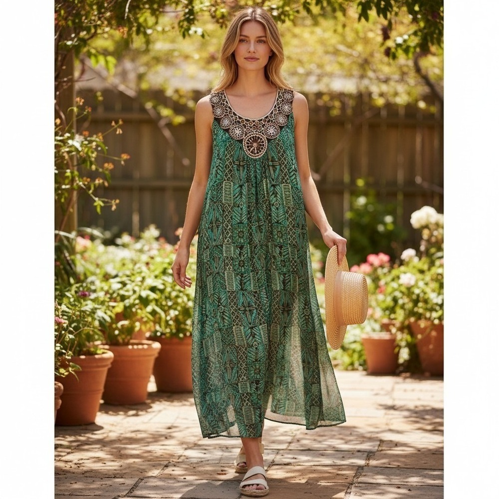 Another Thyme Green Georgette Dress Geometric Print Intricate Lace Neckline 12